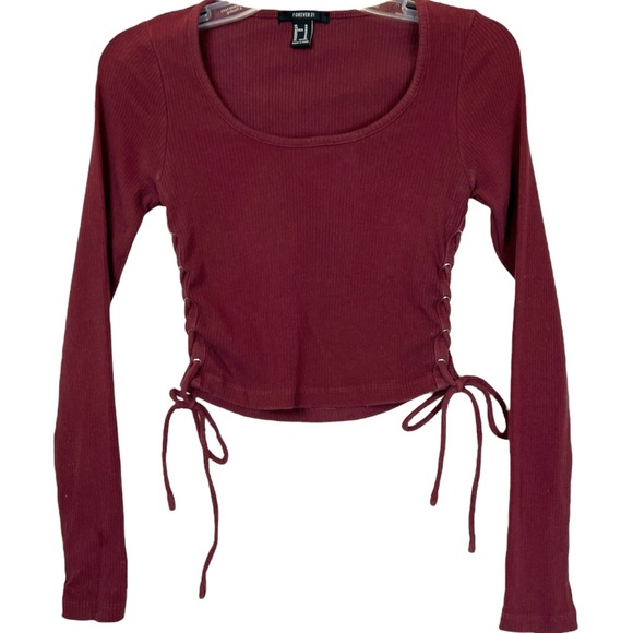Forever 21 Long Sleeve Crop Top Burgundy Maroon Ribbed Crewneck Lace Up Medium - Picture 1 of 6